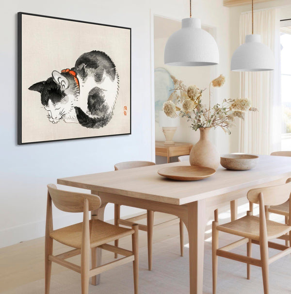 Japanese Sleeping Cat Black White Wall Art Framed Canvas Print by Kono Bairei