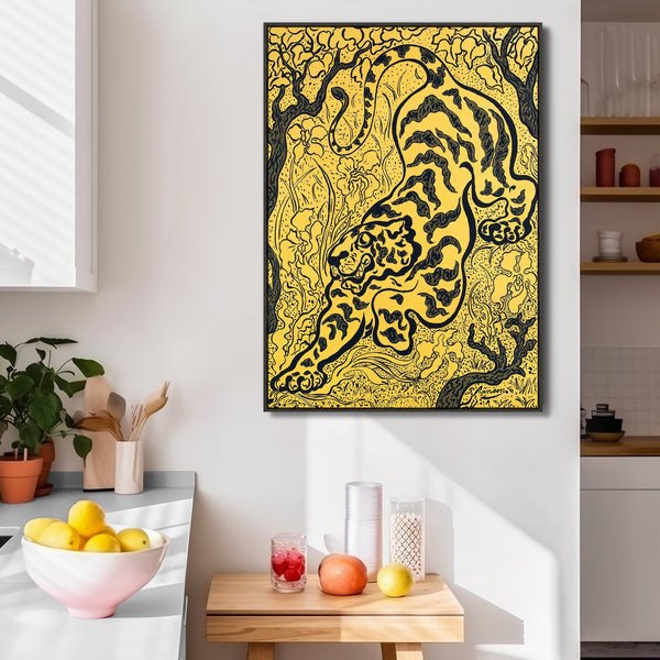 Japanese Tiger Wall Art Framed Canvas Print of Yellow Tigres de Jungle Painting