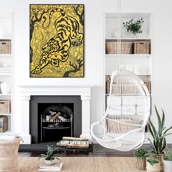Japanese Tiger Wall Art Framed Canvas Print of Yellow Tigres de Jungle Painting