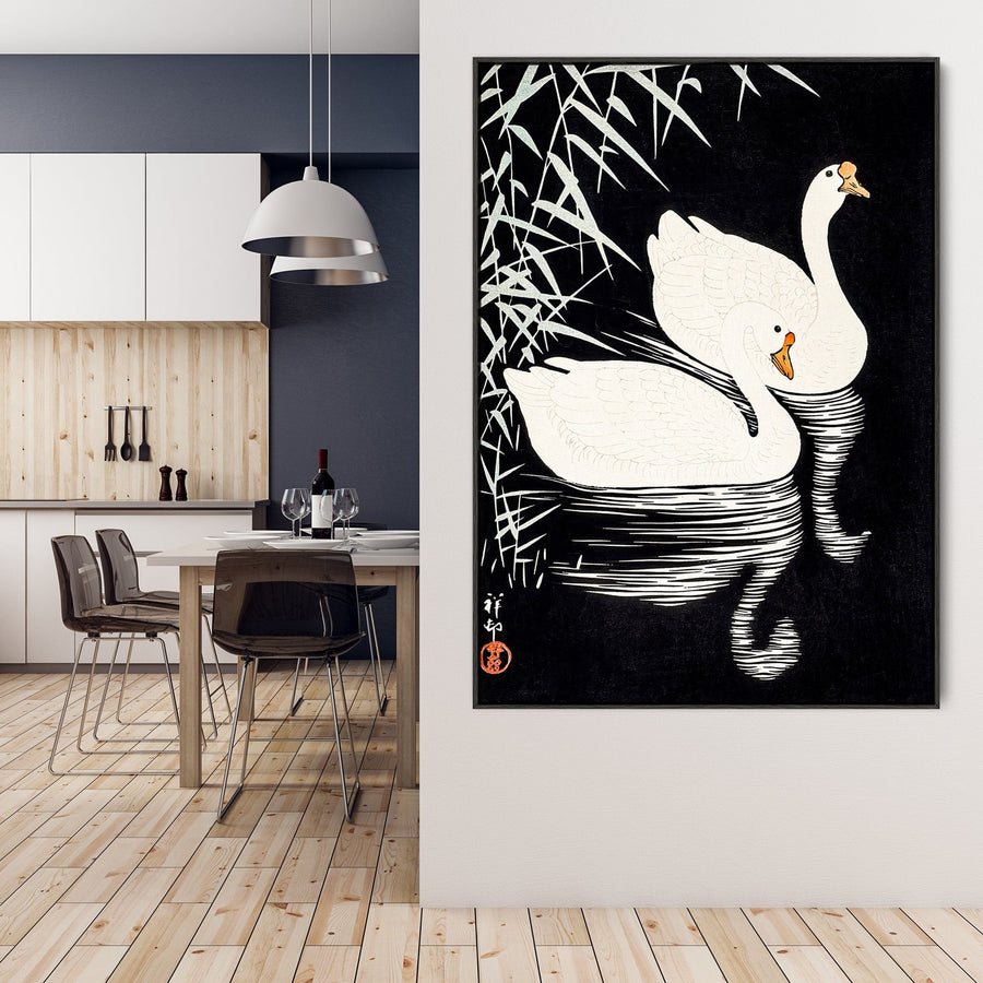 White Swans Japanese Wall Art Framed Canvas Print of Ohara Koson Painting