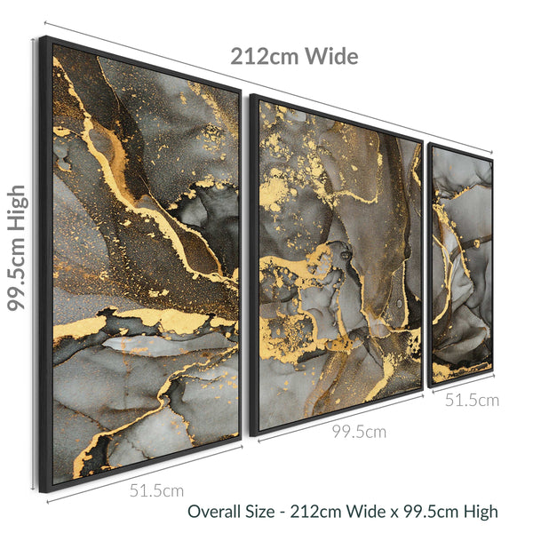 Extra Large Framed Wall Art Pictures for Living Room - Grey Black Gold Abstract Marble - Set of 3 - XXL 212cm Wide