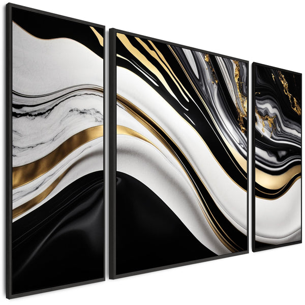 Extra Large Black Gold Framed Wall Art - Modern XXL Set 3 Canvas - 212cm Wide