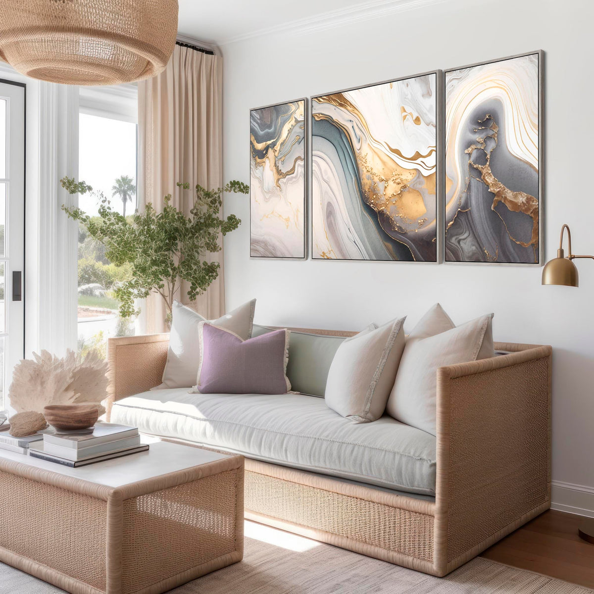 Large Modern Grey Gold Abstract Wall Art for Living Room Framed Set