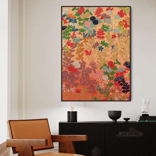 Large Colourful Japanese Wall Art Framed Multi Coloured Floral Canvas Print