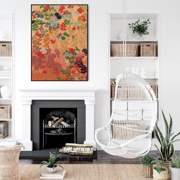 Large Colourful Japanese Wall Art Framed Multi Coloured Floral Canvas Print