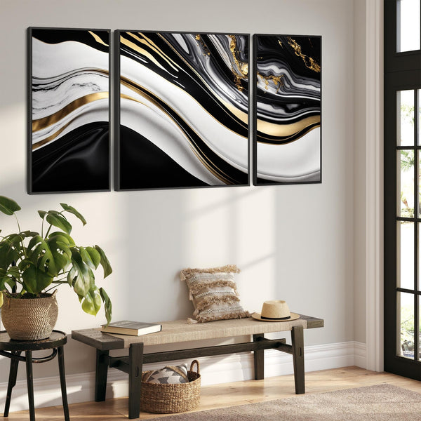 Extra Large Black Gold Framed Wall Art - Modern XXL Set 3 Canvas - 212cm Wide