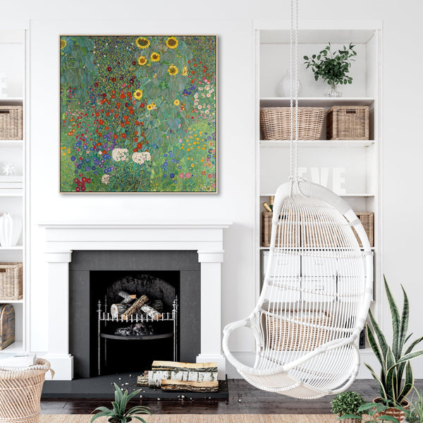 Large Gustav Klimt Farm Garden - Framed Canvas Print - Green Floral - 100cm x 100cm