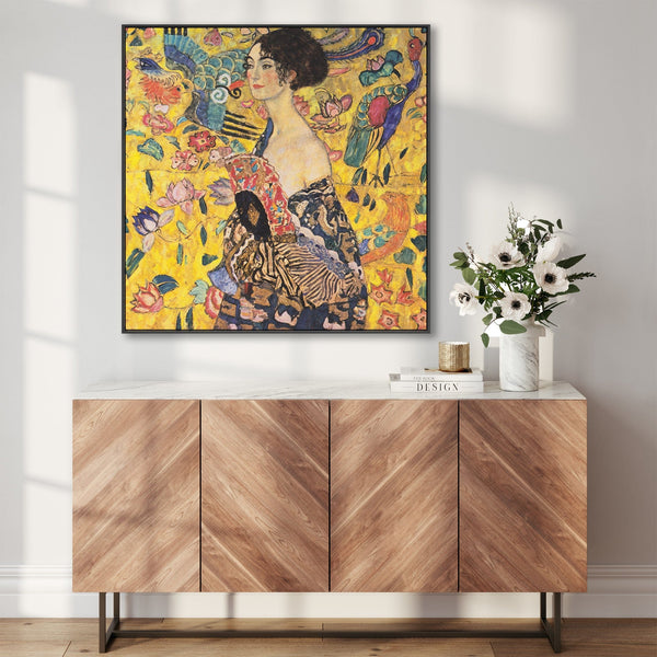Large Gustav Klimt Framed Wall Art Canvas - Lady with Fan - 100cm x 100cm