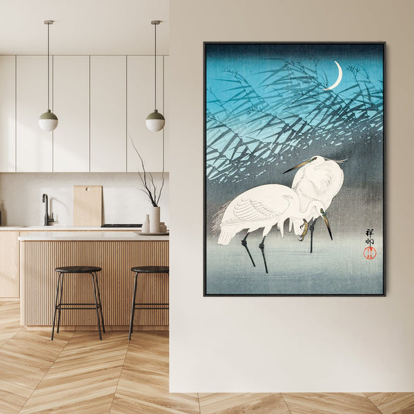 Large Japanese Wall Art Framed Ohara Koson Canvas Print of Egrets in Reeds Painting