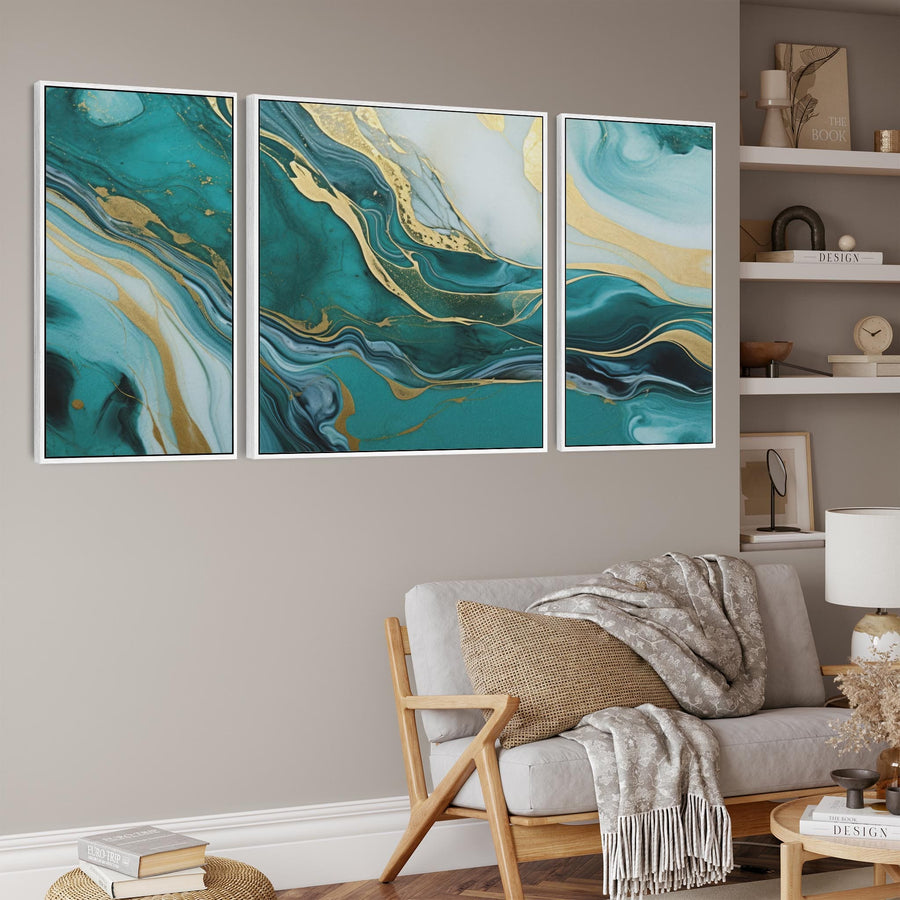Extra Large Teal Gold Abstract Framed Canvas Wall Art - XXL 212cm Wide