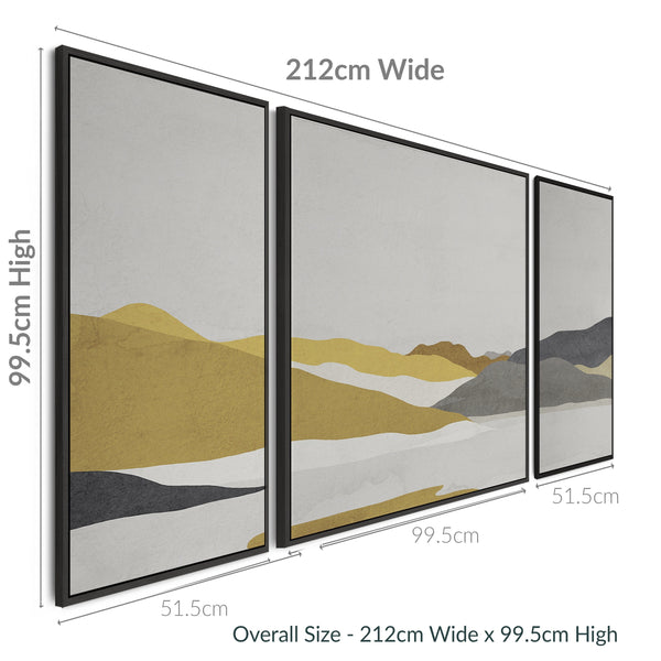 Large Mustard Yellow Grey Framed Abstract Wall Art for Living Room - Set of 3 - XXL 212cm Wide