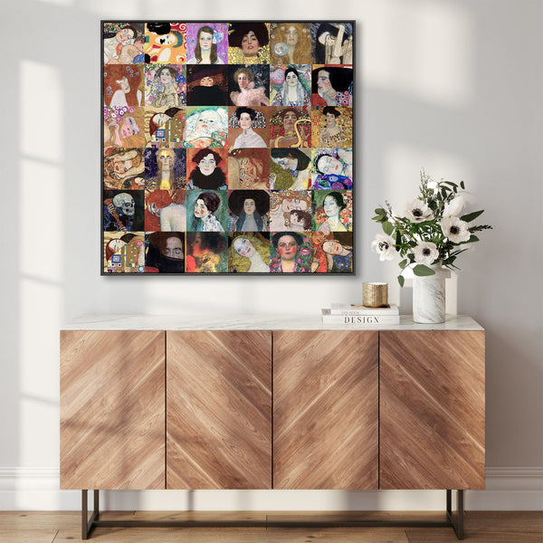 Large Gustav Klimt Framed Wall Art Print on Canvas - Colourful 100cm x 100cm Montage