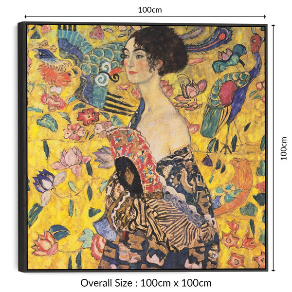 Large Gustav Klimt Framed Wall Art Canvas - Lady with Fan - 100cm x 100cm