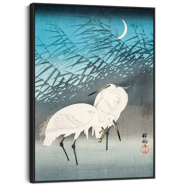 Large Japanese Wall Art Framed Ohara Koson Canvas Print of Egrets in Reeds Painting