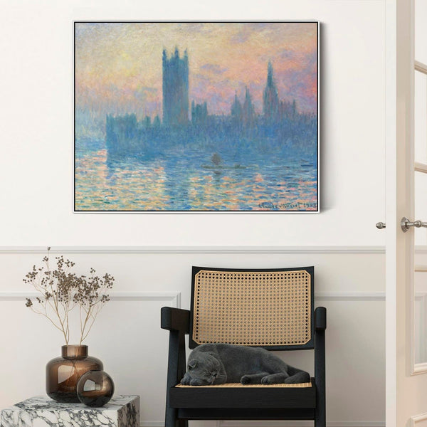 Large Claude Monet Framed Canvas Print of Houses of Parliament London Landscape Painting