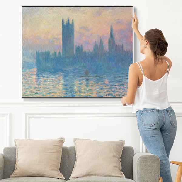 Large Claude Monet Framed Canvas Print of Houses of Parliament London Landscape Painting