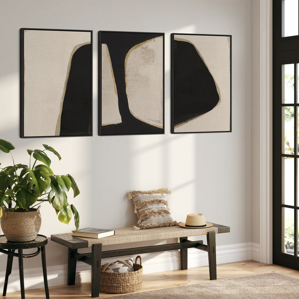 Large Beige Black Abstract Wall Art - Framed Canvas Set of 3