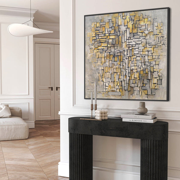 Large Yellow Grey Modern Framed Abstract Canvas - Piet Mondrian