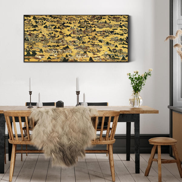 Vintage Japanese Wall Art Framed Canvas Print of Golden Yellow Kyoto Landscape Map