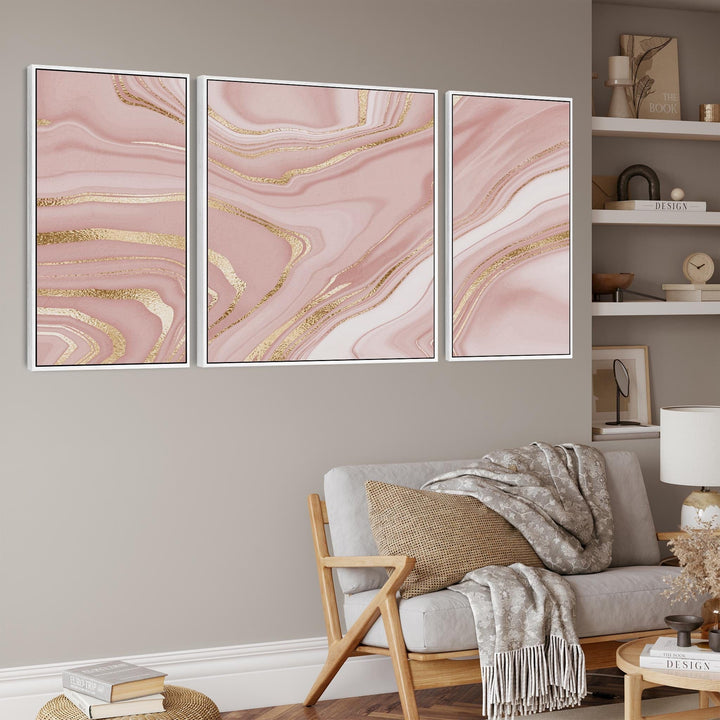 Large Pink Gold Modern Framed Canvas Wall Art - Abstract Set of 3 Pictures - 212cm Wide - 3AF2146XXL-G