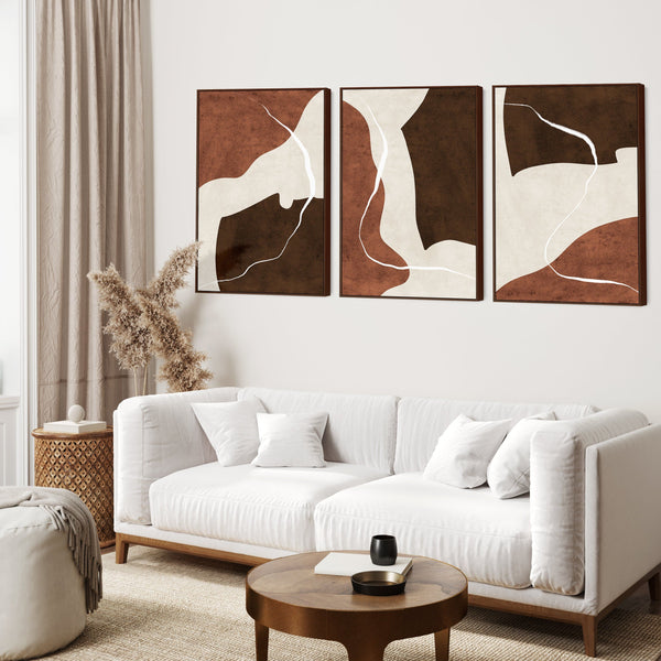 Extra Large Set of 3 Framed Wall Art for Living Room - Abstract Brown Canvas