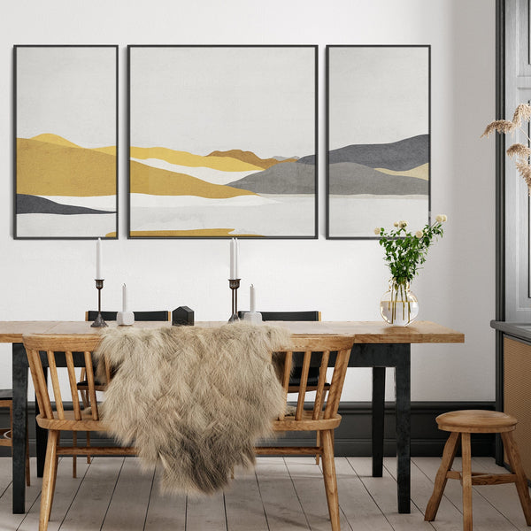 Large Mustard Yellow Grey Framed Abstract Wall Art for Living Room - Set of 3 - XXL 212cm Wide