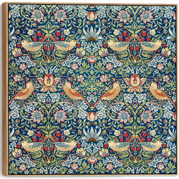 Large Colourful William Morris Wall Art Framed Canvas Print of Strawberry Thief Pattern - 100cm x 100cm