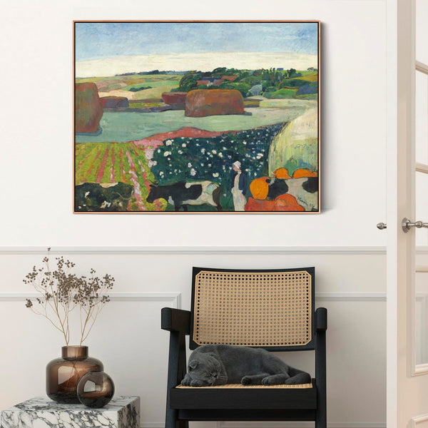 Large Paul Gauguin Framed Canvas Print of Landscape of Haystacks in Brittany Painting