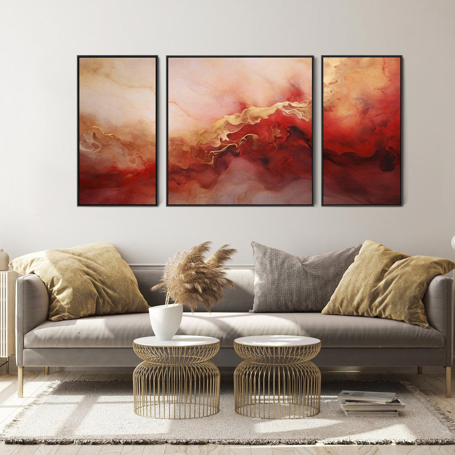 Large Red Gold Framed Abstract Canvas Wall Art - Set of 3 XXL - 212cm Wide