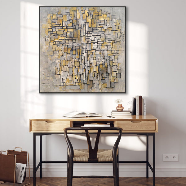 Large Yellow Grey Modern Framed Abstract Canvas - Piet Mondrian