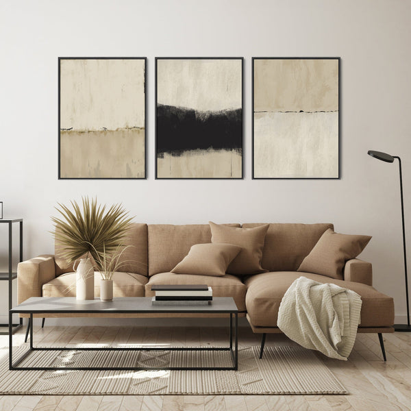 Neutral Wall Art for Living Room - Large Framed Set of 3 - Cream Black Abstract