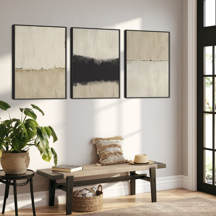 Neutral Wall Art for Living Room - Large Framed Set of 3 - Cream Black Abstract - 3FF2098-B-XL