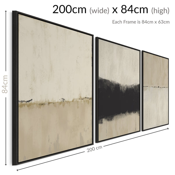 Neutral Wall Art for Living Room - Large Framed Set of 3 - Cream Black Abstract