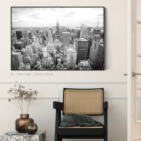 New York Skyline Framed Canvas Wall Art - Black White Picture