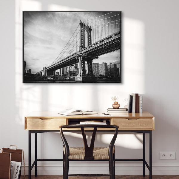 New York Framed Canvas Wall Art - Black White Brooklyn Bridge
