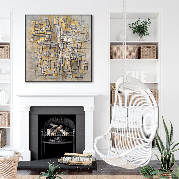 Large Yellow Grey Modern Framed Abstract Canvas - Piet Mondrian