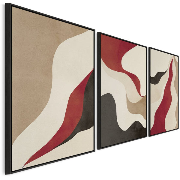 Large Set of 3 Red Abstract Framed Canvas Wall Art - Burgundy Cream Black