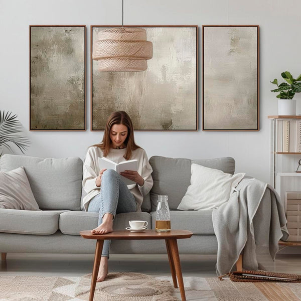 Extra Large 2m Modern Abstract Art Prints - Framed Canvas - Neutral Beige Set of 3 - 212cm