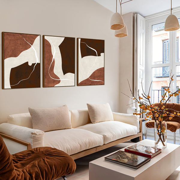 Extra Large Set of 3 Framed Wall Art for Living Room - Abstract Brown Canvas
