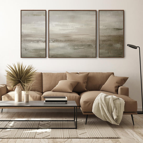 Extra Large 2m Modern Abstract Art Prints - Framed Canvas - Neutral Beige Set of 3 - 212cm
