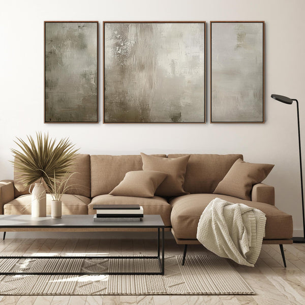 Extra Large 2m Modern Abstract Art Prints - Framed Canvas - Neutral Beige Set of 3 - 212cm