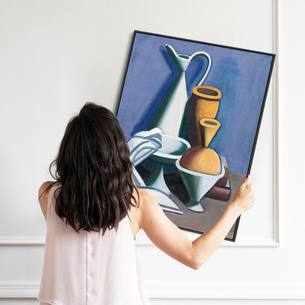 Vilhelm Lundstrom Framed Artwork Print on Canvas Still Life Arrangement - Watering Can Towels Jars in Blue