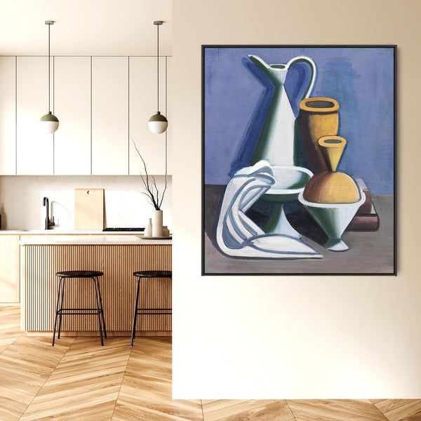 Vilhelm Lundstrom Framed Artwork Print on Canvas Still Life Arrangement - Watering Can Towels Jars in Blue