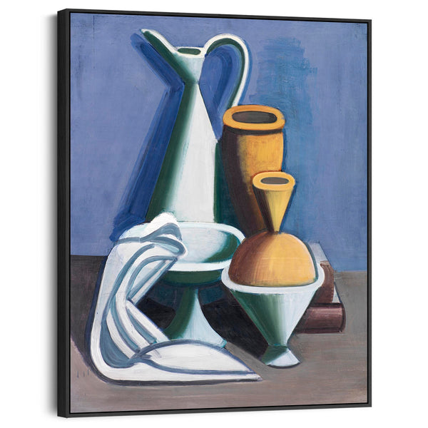 Vilhelm Lundstrom Framed Artwork Print on Canvas Still Life Arrangement - Watering Can Towels Jars in Blue