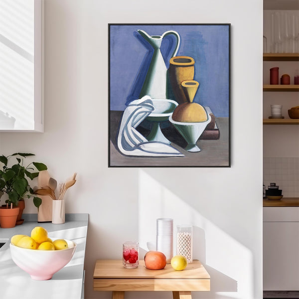 Vilhelm Lundstrom Framed Artwork Print on Canvas Still Life Arrangement - Watering Can Towels Jars in Blue
