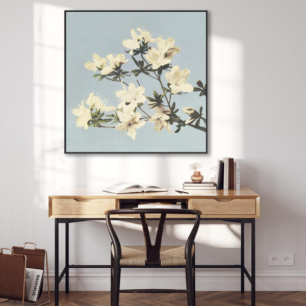 Vintage Japanese Blue Floral Wall Art Framed Canvas Print of Azaleas Flowers Painting - XL 100cm x 100cm