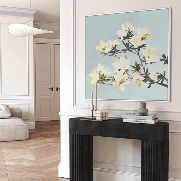 Vintage Japanese Blue Floral Wall Art Framed Canvas Print of Azaleas Flowers Painting - XL 100cm x 100cm