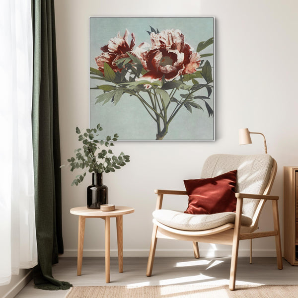 Vintage Japanese Pink Floral Wall Art Framed Canvas Print of Tree Peony Flowers Painting - 100cm x 100cm