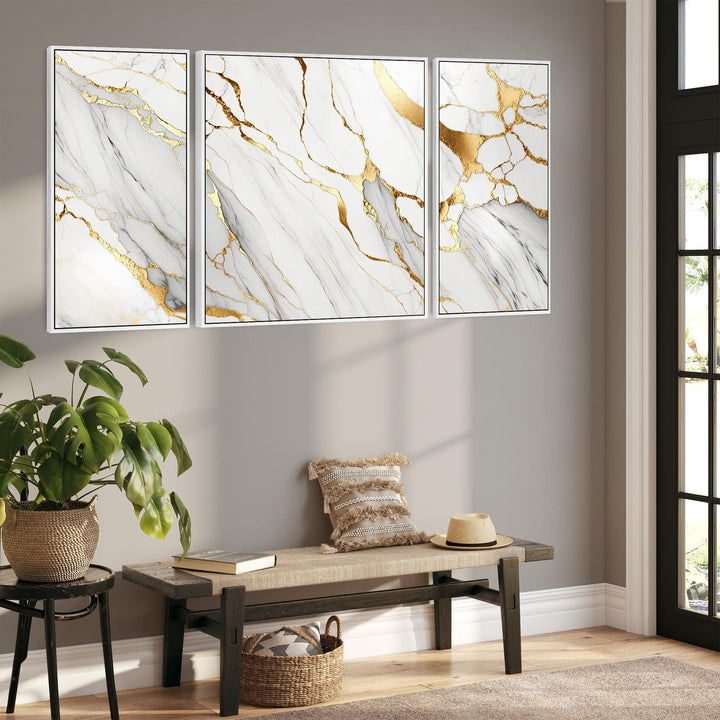 Large White Gold Abstract Framed Wall Art - Modern Set of 3 - XXL 212cm Wide - 3AF2145XXL-G