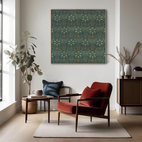 Large Green William Morris Wall Art Framed Canvas Print of Famous Ispahan Pattern - 100cm x 100cm